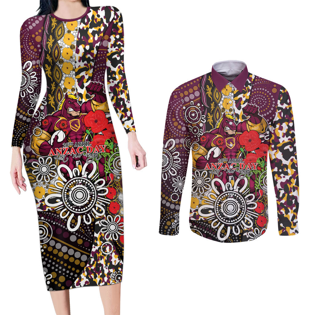 Brisbane Broncos ANZAC Day Couples Matching Long Sleeve Bodycon Dress and Long Sleeve Button Shirt Aboriginal Poppy Remembrance Rugby - Lest We Forget