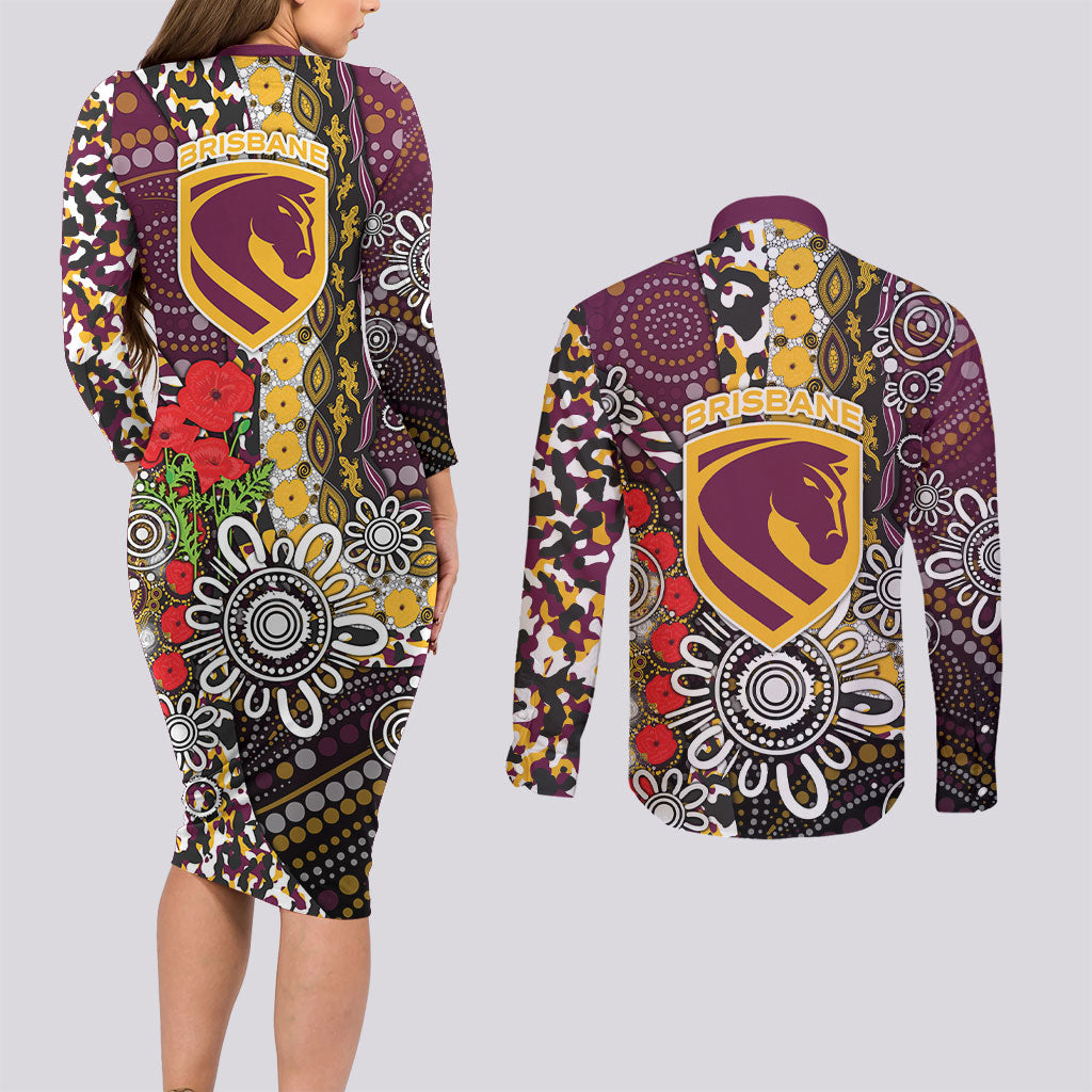 Brisbane Broncos ANZAC Day Couples Matching Long Sleeve Bodycon Dress and Long Sleeve Button Shirt Aboriginal Poppy Remembrance Rugby - Lest We Forget