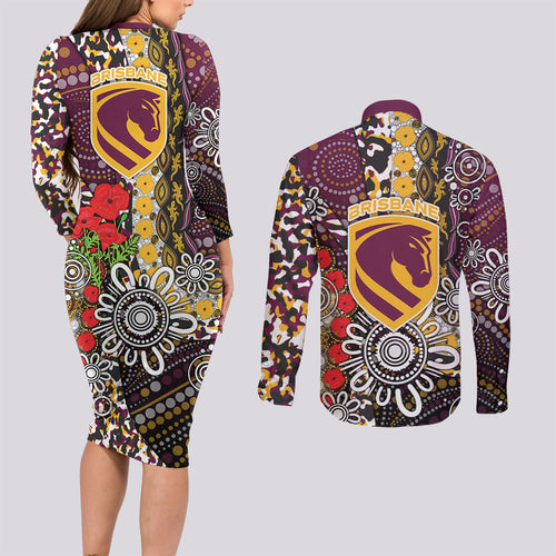 Brisbane Broncos ANZAC Day Couples Matching Long Sleeve Bodycon Dress and Long Sleeve Button Shirt Aboriginal Poppy Remembrance Rugby - Lest We Forget