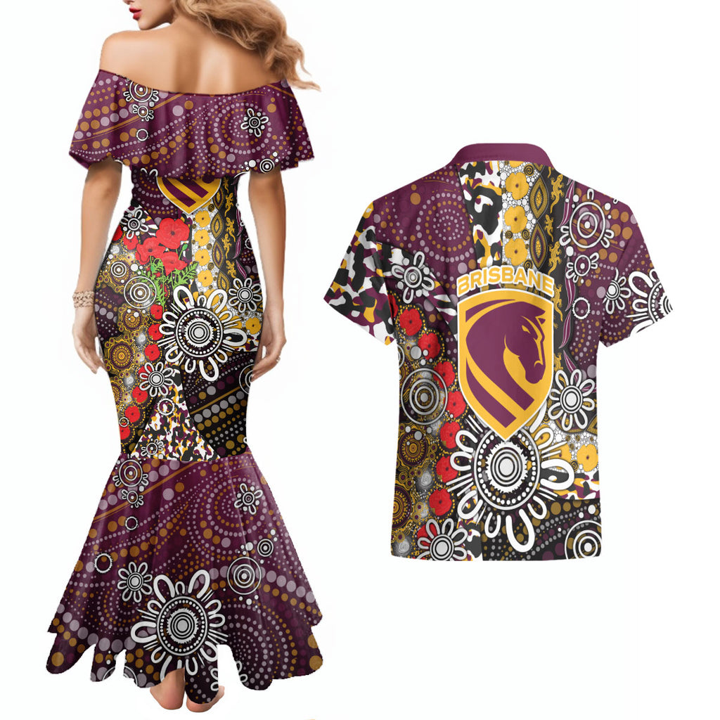Brisbane Broncos ANZAC Day Couples Matching Mermaid Dress and Hawaiian Shirt Aboriginal Poppy Remembrance Rugby - Lest We Forget