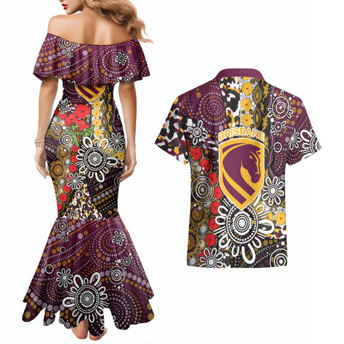 Brisbane Broncos ANZAC Day Couples Matching Mermaid Dress and Hawaiian Shirt Aboriginal Poppy Remembrance Rugby - Lest We Forget