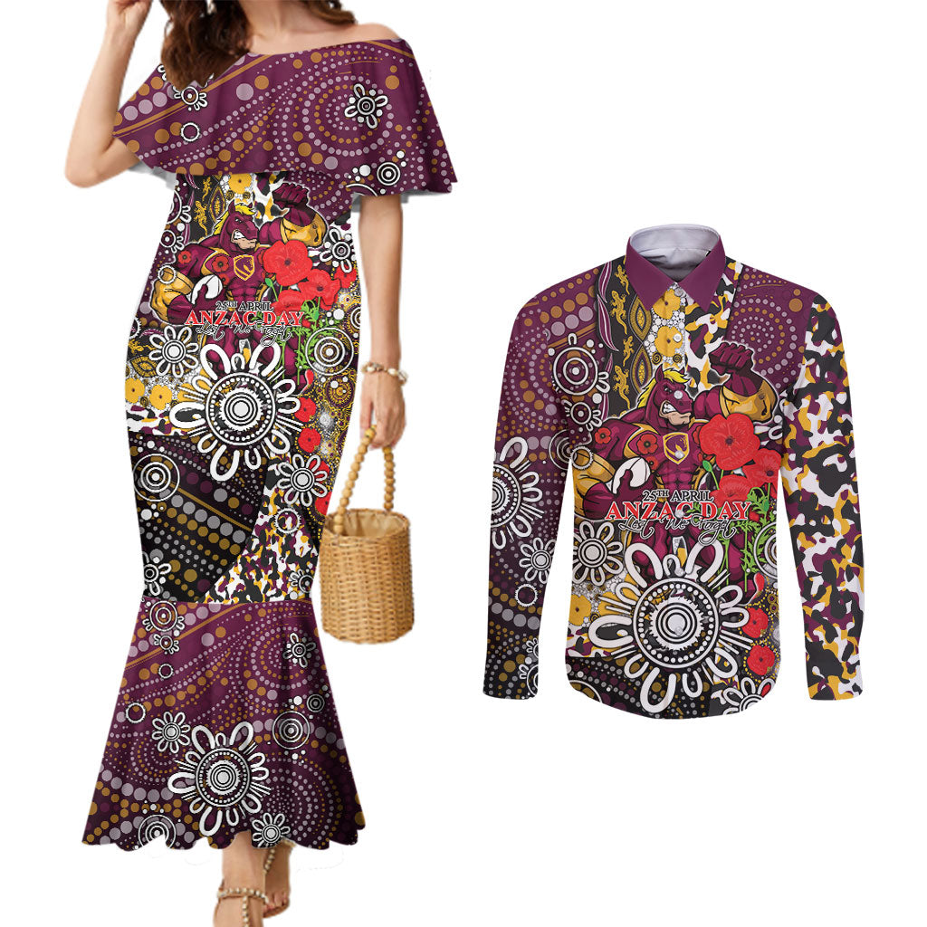 Brisbane Broncos ANZAC Day Couples Matching Mermaid Dress and Long Sleeve Button Shirt Aboriginal Poppy Remembrance Rugby - Lest We Forget