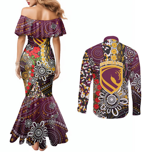 Brisbane Broncos ANZAC Day Couples Matching Mermaid Dress and Long Sleeve Button Shirt Aboriginal Poppy Remembrance Rugby - Lest We Forget
