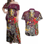 Brisbane Broncos ANZAC Day Couples Matching Off Shoulder Maxi Dress and Hawaiian Shirt Aboriginal Poppy Remembrance Rugby - Lest We Forget