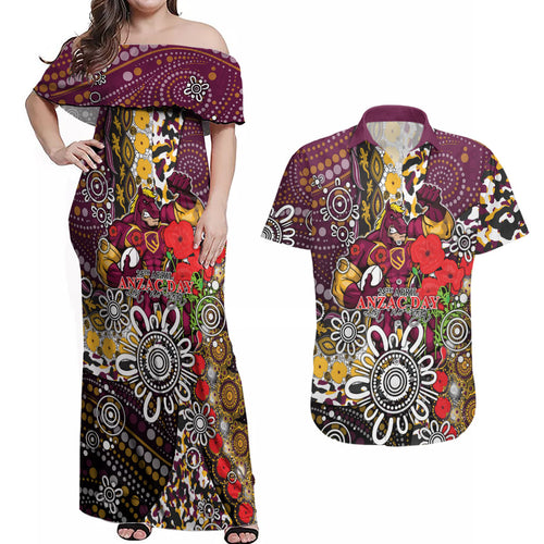 Brisbane Broncos ANZAC Day Couples Matching Off Shoulder Maxi Dress and Hawaiian Shirt Aboriginal Poppy Remembrance Rugby - Lest We Forget