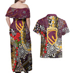 Brisbane Broncos ANZAC Day Couples Matching Off Shoulder Maxi Dress and Hawaiian Shirt Aboriginal Poppy Remembrance Rugby - Lest We Forget