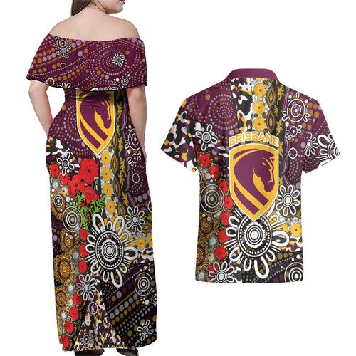 Brisbane Broncos ANZAC Day Couples Matching Off Shoulder Maxi Dress and Hawaiian Shirt Aboriginal Poppy Remembrance Rugby - Lest We Forget