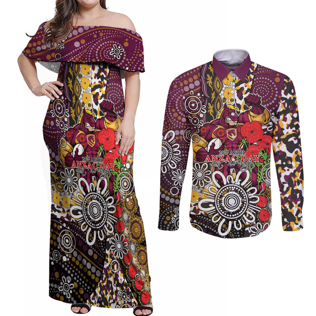 Brisbane Broncos ANZAC Day Couples Matching Off Shoulder Maxi Dress and Long Sleeve Button Shirt Aboriginal Poppy Remembrance Rugby - Lest We Forget