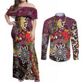 Brisbane Broncos ANZAC Day Couples Matching Off Shoulder Maxi Dress and Long Sleeve Button Shirt Aboriginal Poppy Remembrance Rugby - Lest We Forget
