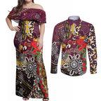 Brisbane Broncos ANZAC Day Couples Matching Off Shoulder Maxi Dress and Long Sleeve Button Shirt Aboriginal Poppy Remembrance Rugby - Lest We Forget