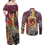 Brisbane Broncos ANZAC Day Couples Matching Off Shoulder Maxi Dress and Long Sleeve Button Shirt Aboriginal Poppy Remembrance Rugby - Lest We Forget