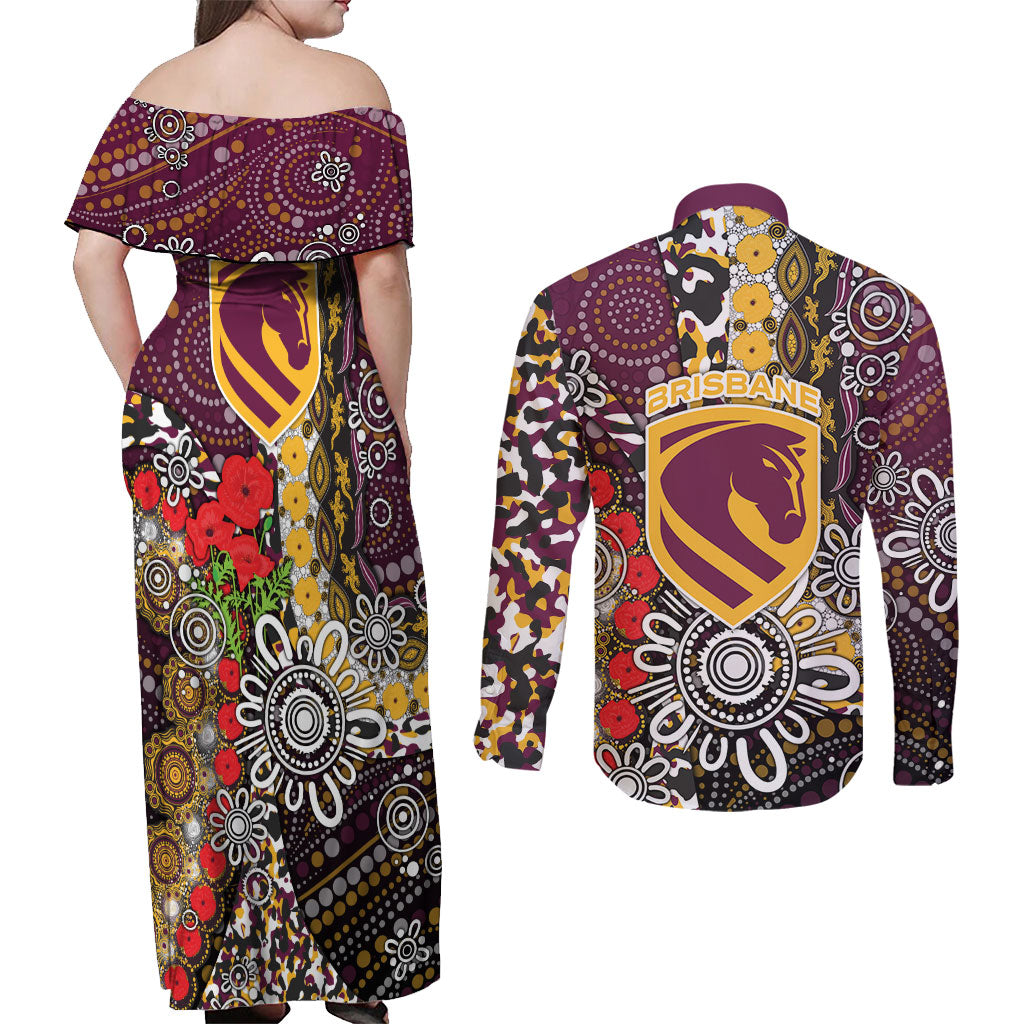 Brisbane Broncos ANZAC Day Couples Matching Off Shoulder Maxi Dress and Long Sleeve Button Shirt Aboriginal Poppy Remembrance Rugby - Lest We Forget