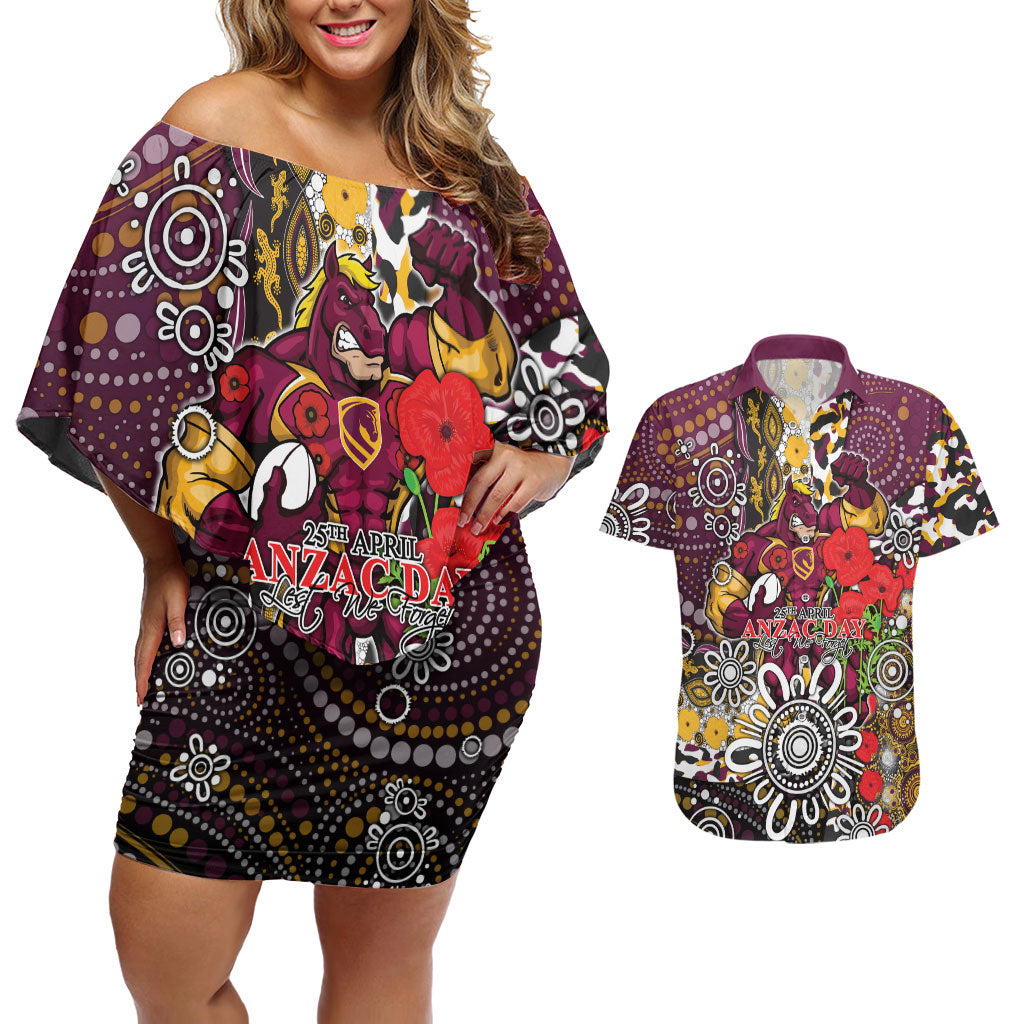 Brisbane Broncos ANZAC Day Couples Matching Off Shoulder Short Dress and Hawaiian Shirt Aboriginal Poppy Remembrance Rugby - Lest We Forget