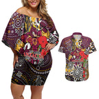 Brisbane Broncos ANZAC Day Couples Matching Off Shoulder Short Dress and Hawaiian Shirt Aboriginal Poppy Remembrance Rugby - Lest We Forget