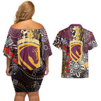 Brisbane Broncos ANZAC Day Couples Matching Off Shoulder Short Dress and Hawaiian Shirt Aboriginal Poppy Remembrance Rugby - Lest We Forget