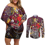Brisbane Broncos ANZAC Day Couples Matching Off Shoulder Short Dress and Long Sleeve Button Shirt Aboriginal Poppy Remembrance Rugby - Lest We Forget