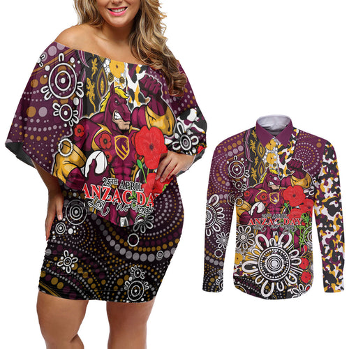 Brisbane Broncos ANZAC Day Couples Matching Off Shoulder Short Dress and Long Sleeve Button Shirt Aboriginal Poppy Remembrance Rugby - Lest We Forget