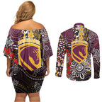 Brisbane Broncos ANZAC Day Couples Matching Off Shoulder Short Dress and Long Sleeve Button Shirt Aboriginal Poppy Remembrance Rugby - Lest We Forget