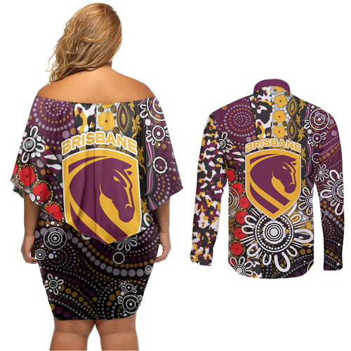 Brisbane Broncos ANZAC Day Couples Matching Off Shoulder Short Dress and Long Sleeve Button Shirt Aboriginal Poppy Remembrance Rugby - Lest We Forget