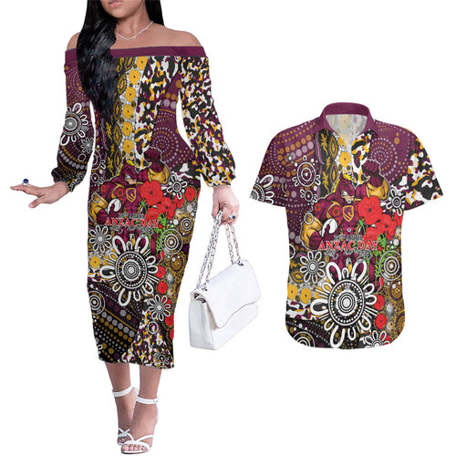 Brisbane Broncos ANZAC Day Couples Matching Off The Shoulder Long Sleeve Dress and Hawaiian Shirt Aboriginal Poppy Remembrance Rugby - Lest We Forget