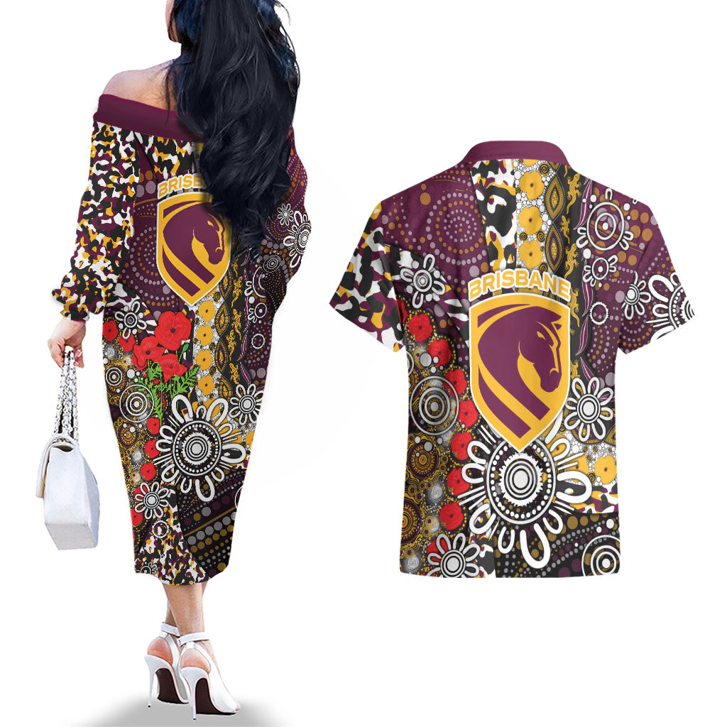 Brisbane Broncos ANZAC Day Couples Matching Off The Shoulder Long Sleeve Dress and Hawaiian Shirt Aboriginal Poppy Remembrance Rugby - Lest We Forget