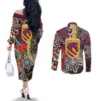 Brisbane Broncos ANZAC Day Couples Matching Off The Shoulder Long Sleeve Dress and Long Sleeve Button Shirt Aboriginal Poppy Remembrance Rugby - Lest We Forget