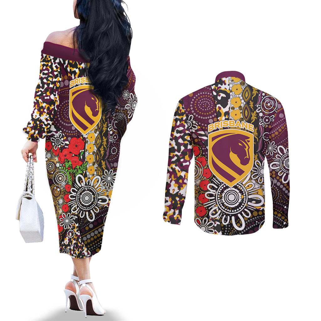 Brisbane Broncos ANZAC Day Couples Matching Off The Shoulder Long Sleeve Dress and Long Sleeve Button Shirt Aboriginal Poppy Remembrance Rugby - Lest We Forget