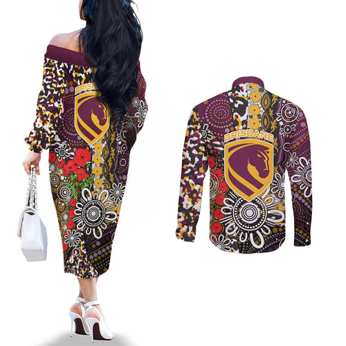 Brisbane Broncos ANZAC Day Couples Matching Off The Shoulder Long Sleeve Dress and Long Sleeve Button Shirt Aboriginal Poppy Remembrance Rugby - Lest We Forget
