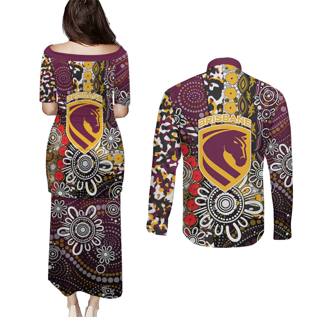 Brisbane Broncos ANZAC Day Couples Matching Puletasi and Long Sleeve Button Shirt Aboriginal Poppy Remembrance Rugby - Lest We Forget