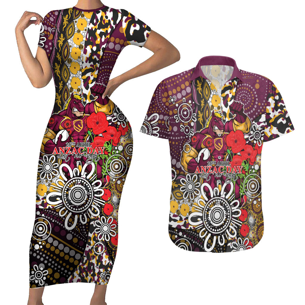 Brisbane Broncos ANZAC Day Couples Matching Short Sleeve Bodycon Dress and Hawaiian Shirt Aboriginal Poppy Remembrance Rugby - Lest We Forget