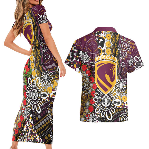Brisbane Broncos ANZAC Day Couples Matching Short Sleeve Bodycon Dress and Hawaiian Shirt Aboriginal Poppy Remembrance Rugby - Lest We Forget
