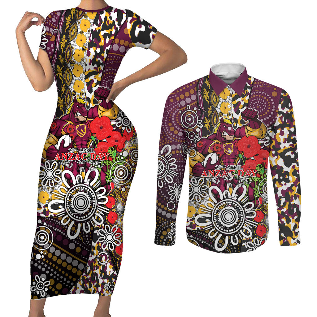 Brisbane Broncos ANZAC Day Couples Matching Short Sleeve Bodycon Dress and Long Sleeve Button Shirt Aboriginal Poppy Remembrance Rugby - Lest We Forget