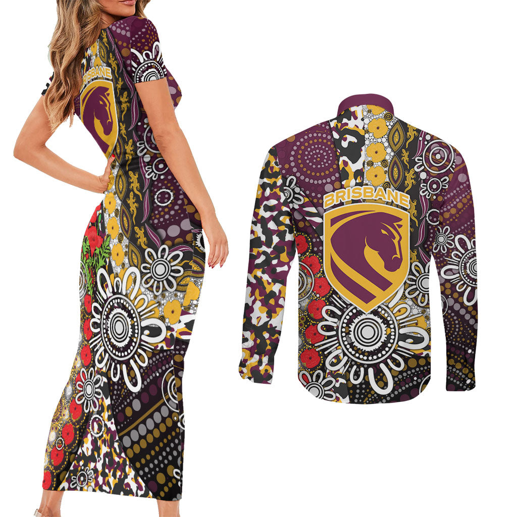 Brisbane Broncos ANZAC Day Couples Matching Short Sleeve Bodycon Dress and Long Sleeve Button Shirt Aboriginal Poppy Remembrance Rugby - Lest We Forget
