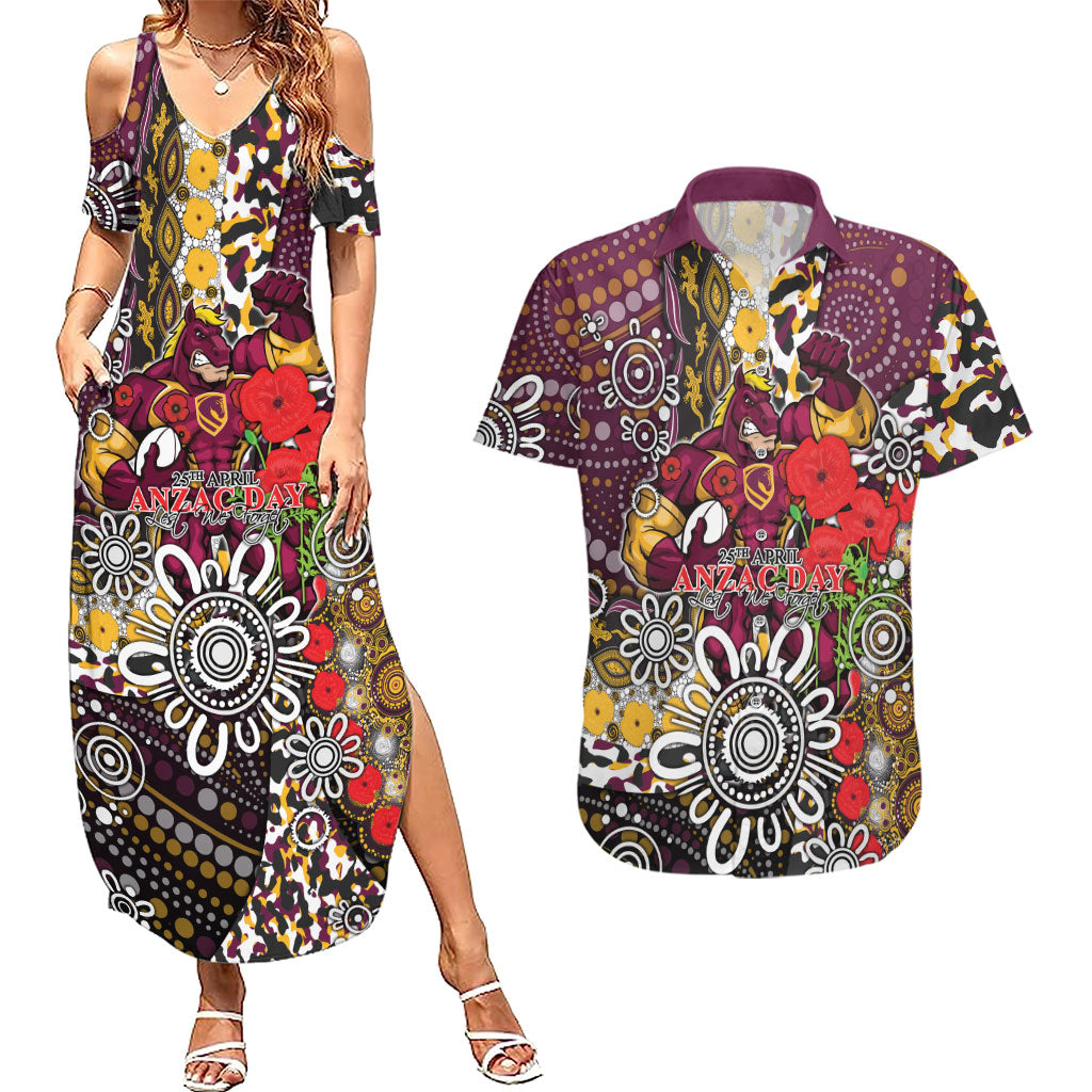 Brisbane Broncos ANZAC Day Couples Matching Summer Maxi Dress and Hawaiian Shirt Aboriginal Poppy Remembrance Rugby - Lest We Forget