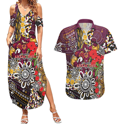 Brisbane Broncos ANZAC Day Couples Matching Summer Maxi Dress and Hawaiian Shirt Aboriginal Poppy Remembrance Rugby - Lest We Forget