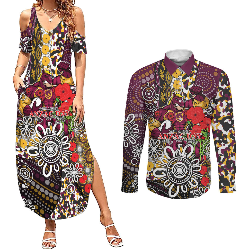 Brisbane Broncos ANZAC Day Couples Matching Summer Maxi Dress and Long Sleeve Button Shirt Aboriginal Poppy Remembrance Rugby - Lest We Forget