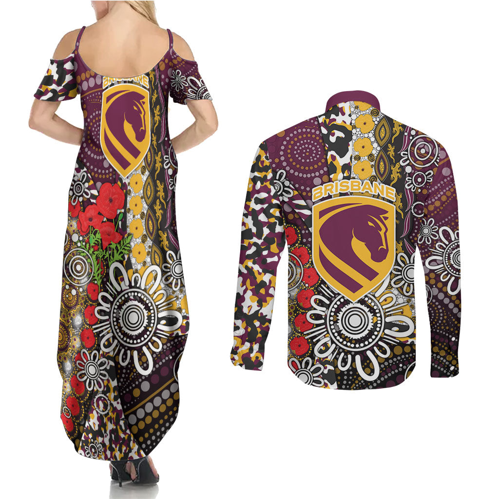 Brisbane Broncos ANZAC Day Couples Matching Summer Maxi Dress and Long Sleeve Button Shirt Aboriginal Poppy Remembrance Rugby - Lest We Forget