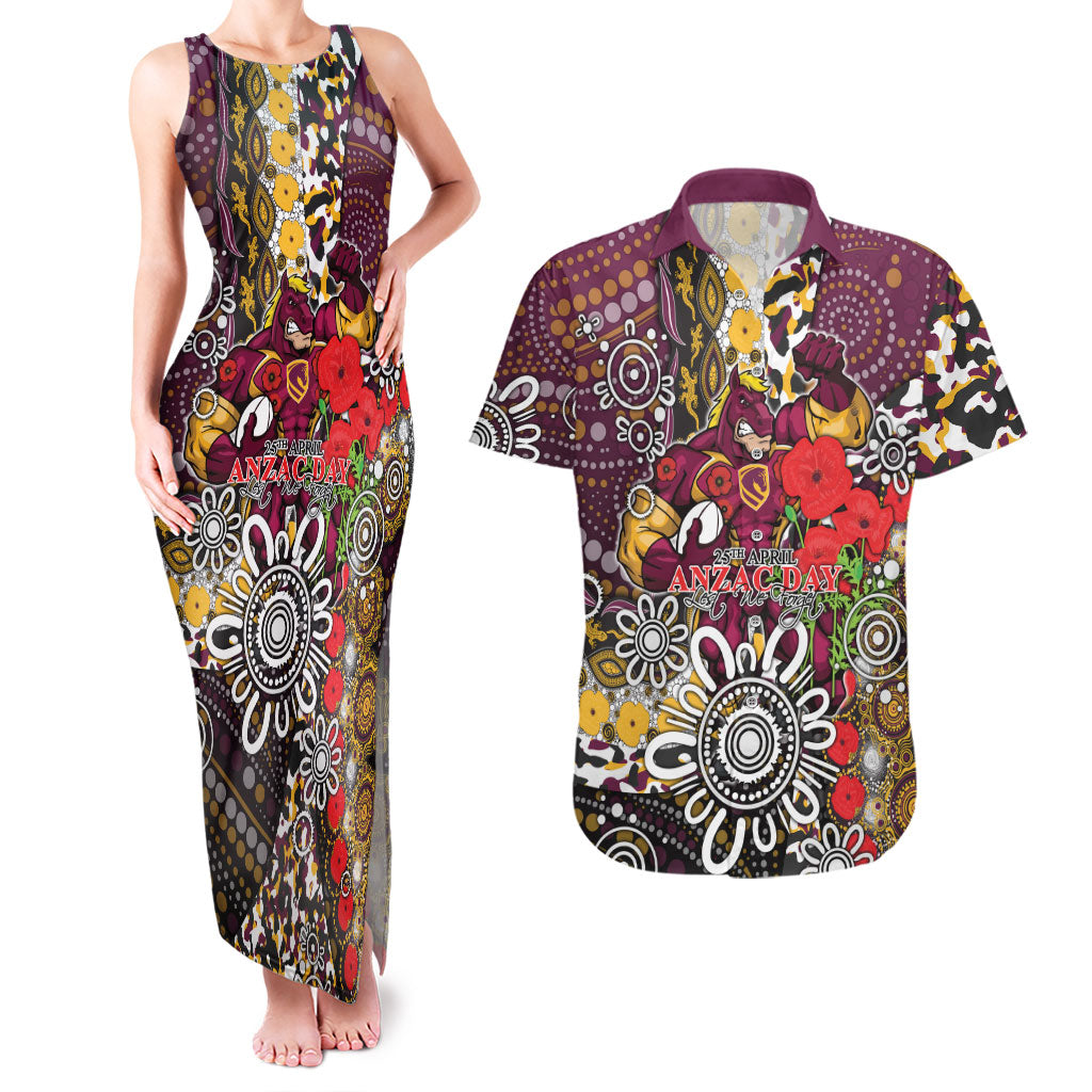 Brisbane Broncos ANZAC Day Couples Matching Tank Maxi Dress and Hawaiian Shirt Aboriginal Poppy Remembrance Rugby - Lest We Forget