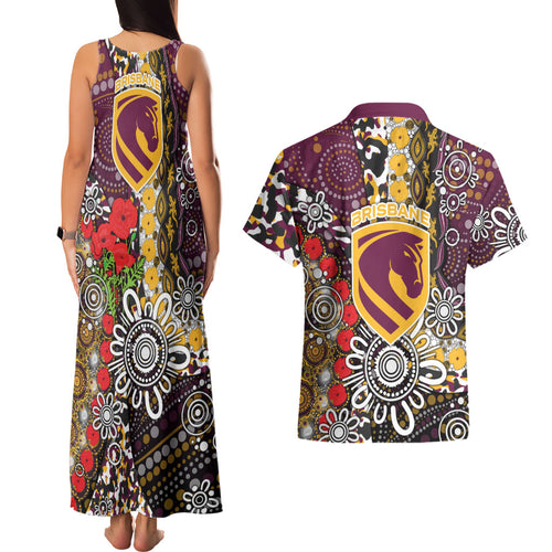 Brisbane Broncos ANZAC Day Couples Matching Tank Maxi Dress and Hawaiian Shirt Aboriginal Poppy Remembrance Rugby - Lest We Forget