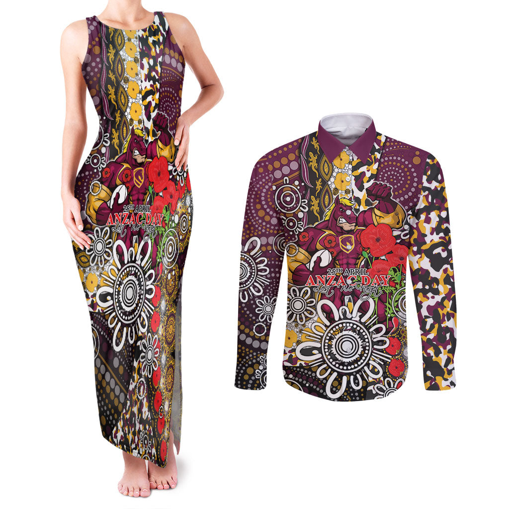 Brisbane Broncos ANZAC Day Couples Matching Tank Maxi Dress and Long Sleeve Button Shirt Aboriginal Poppy Remembrance Rugby - Lest We Forget