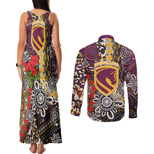 Brisbane Broncos ANZAC Day Couples Matching Tank Maxi Dress and Long Sleeve Button Shirt Aboriginal Poppy Remembrance Rugby - Lest We Forget