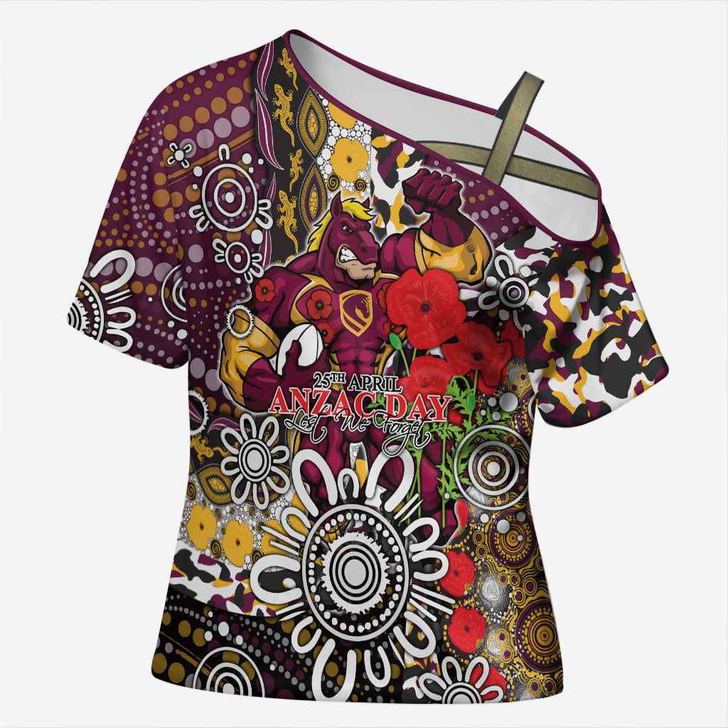 Brisbane Broncos ANZAC Day Cross Shoulder Shirt Aboriginal Poppy Remembrance Rugby - Lest We Forget