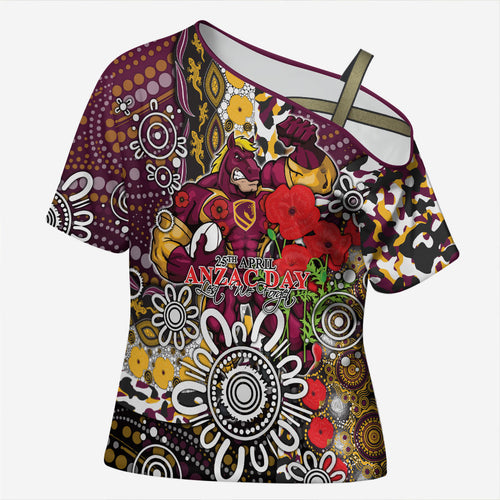 Brisbane Broncos ANZAC Day Cross Shoulder Shirt Aboriginal Poppy Remembrance Rugby - Lest We Forget