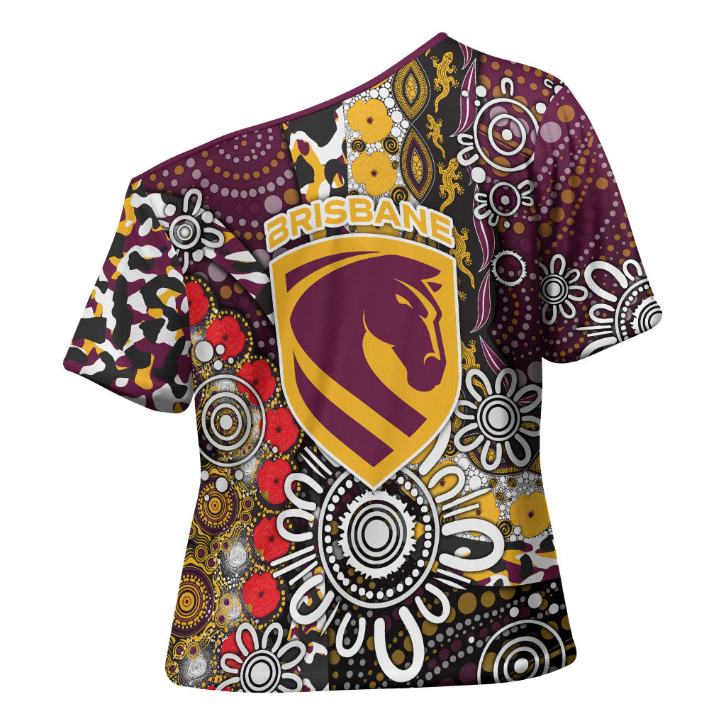 Brisbane Broncos ANZAC Day Cross Shoulder Shirt Aboriginal Poppy Remembrance Rugby - Lest We Forget
