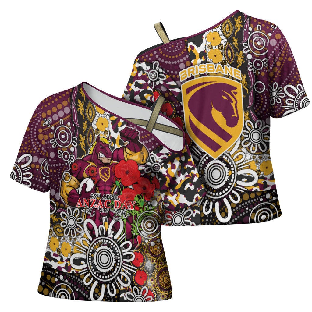 Brisbane Broncos ANZAC Day Cross Shoulder Shirt Aboriginal Poppy Remembrance Rugby - Lest We Forget