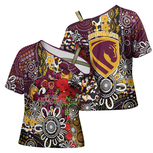 Brisbane Broncos ANZAC Day Cross Shoulder Shirt Aboriginal Poppy Remembrance Rugby - Lest We Forget