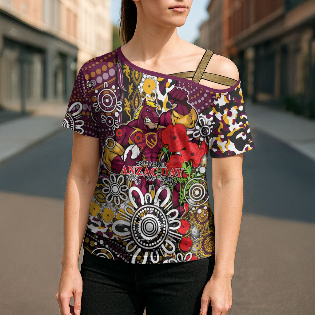 Brisbane Broncos ANZAC Day Cross Shoulder Shirt Aboriginal Poppy Remembrance Rugby - Lest We Forget