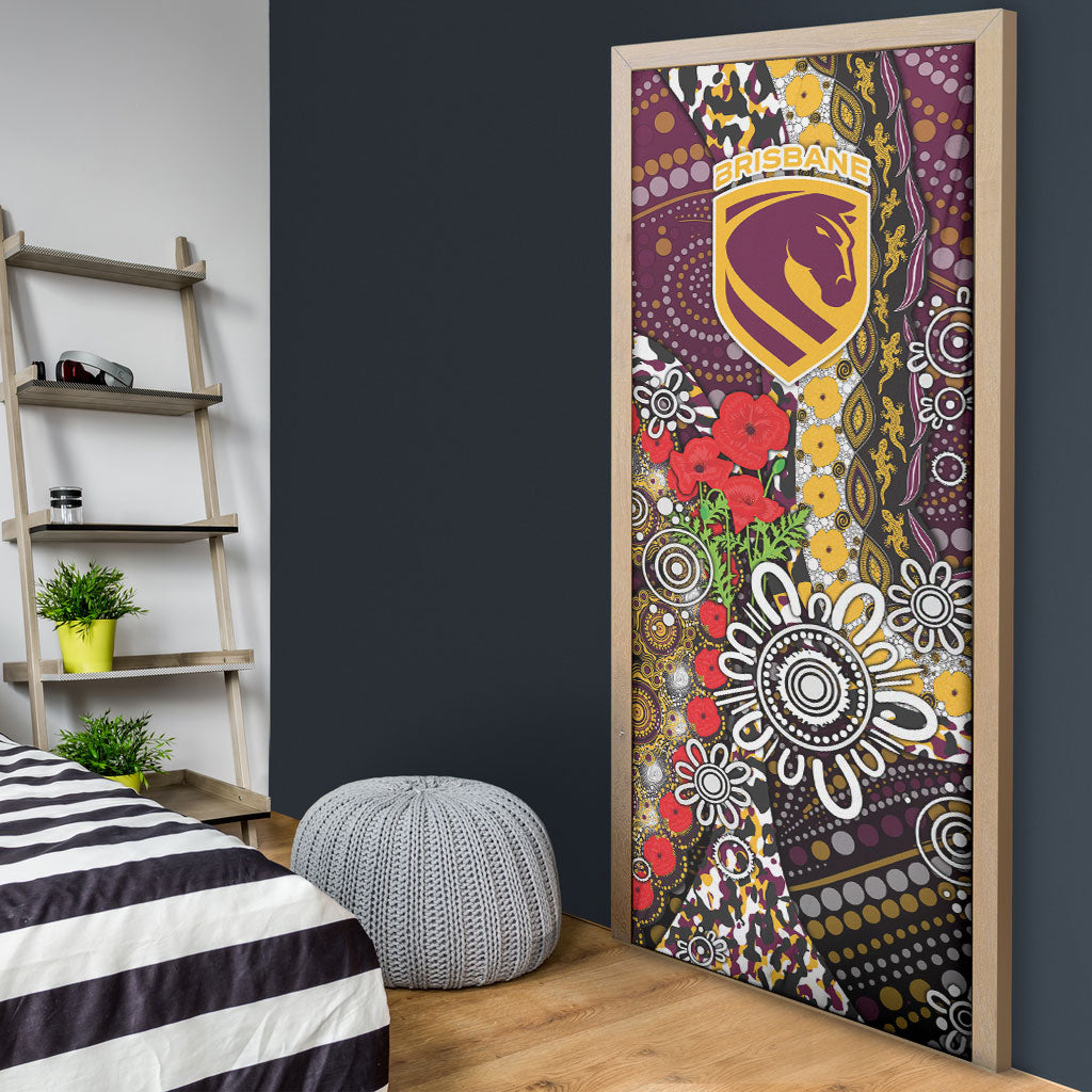 Brisbane Broncos ANZAC Day Door Cover Aboriginal Poppy Remembrance Rugby - Lest We Forget