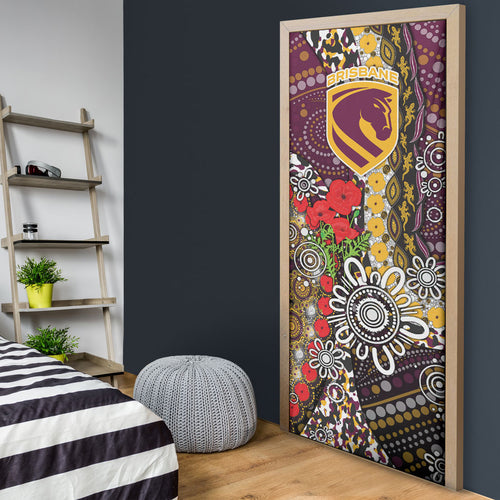 Brisbane Broncos ANZAC Day Door Cover Aboriginal Poppy Remembrance Rugby - Lest We Forget