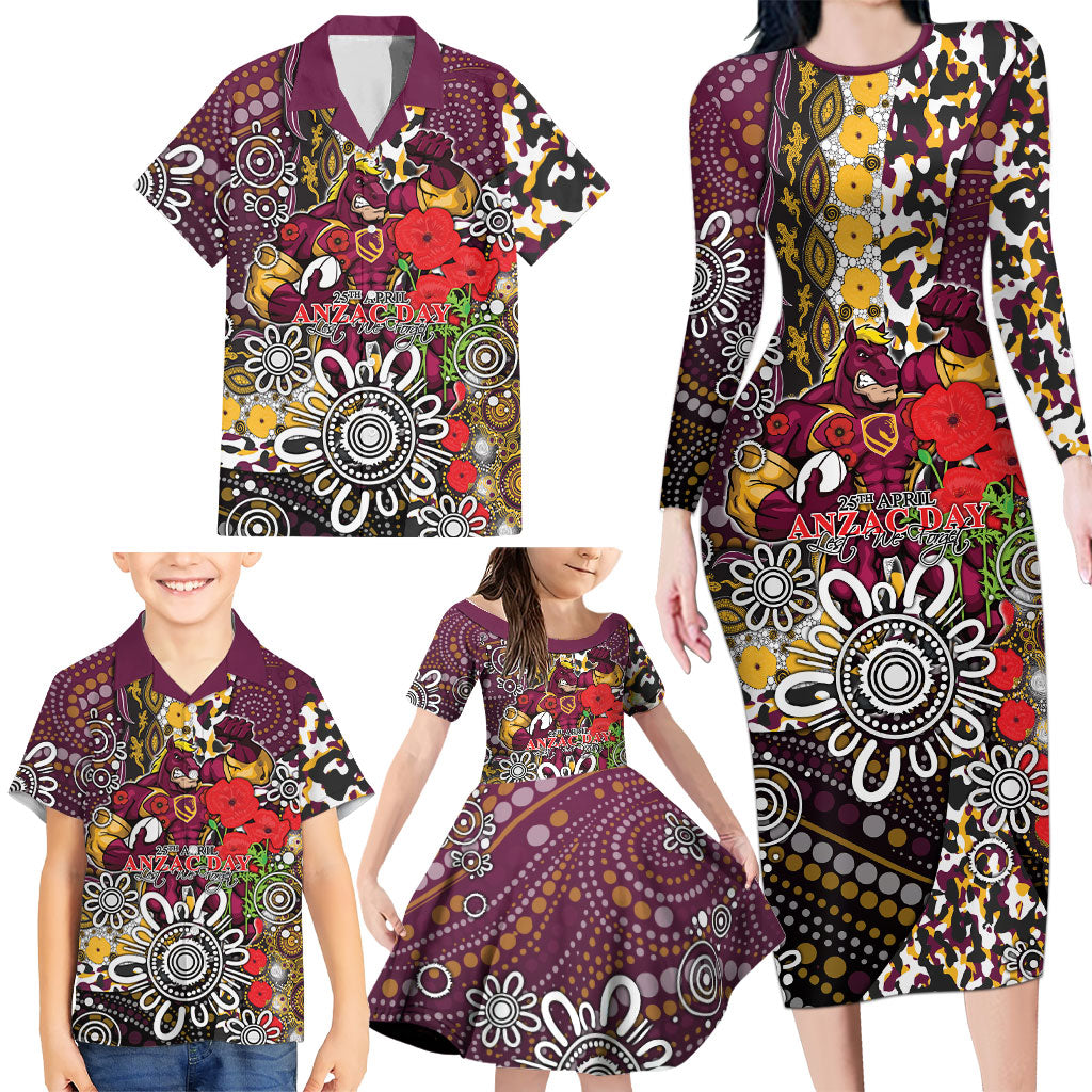 Brisbane Broncos ANZAC Day Family Matching Long Sleeve Bodycon Dress and Hawaiian Shirt Aboriginal Poppy Remembrance Rugby - Lest We Forget